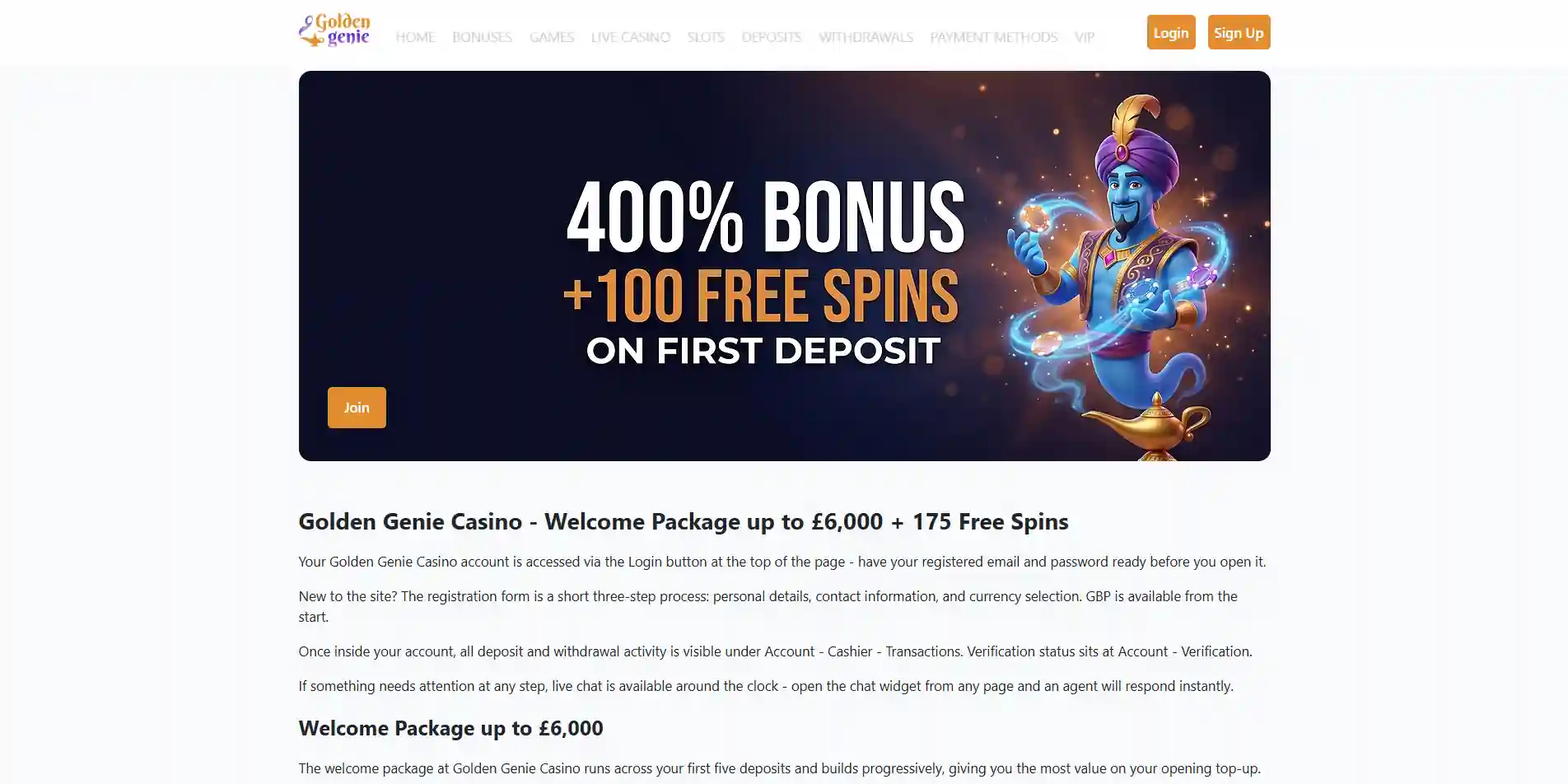Capture of the current Golden Genie UK-facing homepage